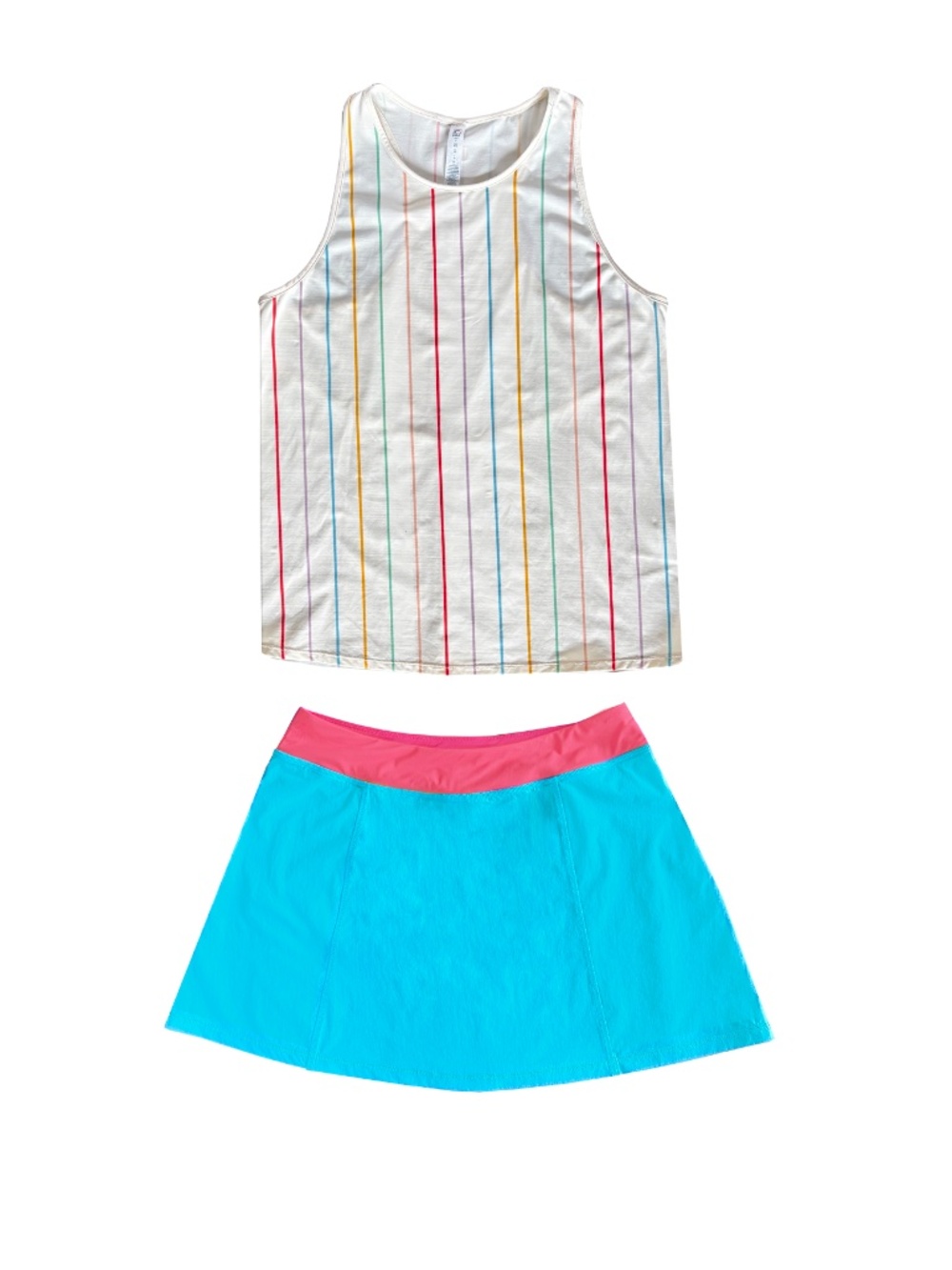 Fila Women’s ivory Rainbow-Stripe Tank Top and Aqua Skort Set Size Medium